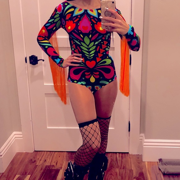 LOM Rainbow Black Fringe Sleeve Rave Bodysuit - XS - Picture 7 of 7